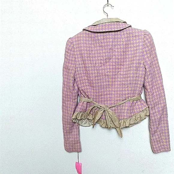 Phoebe x Kay Unger Purple and Tan Houndstooth Ruffle Trim Zip Up Blazer Size 2 - Picture 2 of 16